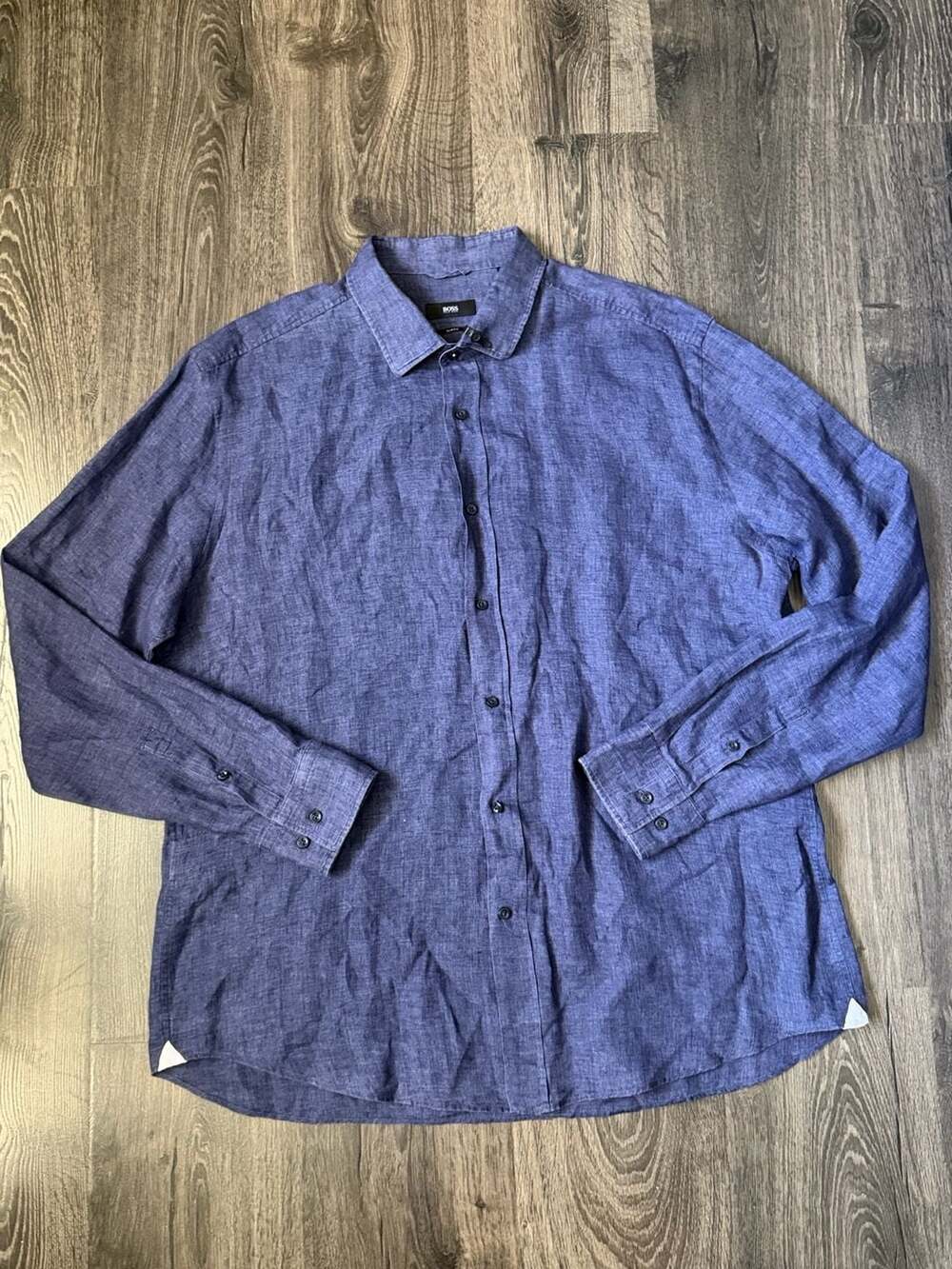 BOSS Hugo Boss Slim Fit 100% Linen Button Up Shirt Men’s XXL 18 Blue Long Sleeve